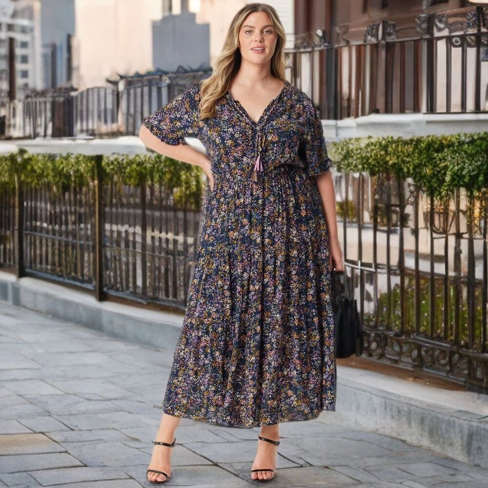 Jessica Simpson Phoebe Floral Maxi Dress A-Line Short Sleeve V-Neckline Plus 3X